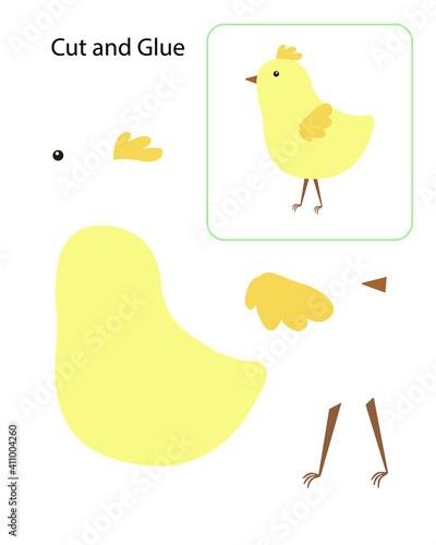 Cut and glue educational activity for children, DIY Easter chicken papercraft, simple cartoon farm animal vector illustration worksheet