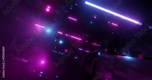 Flying and Racing through a Neon City with Light Tech Digital effect. Bright Pink and Blue Neon lens flares, misty environment.  VJ, Backgrounds, Projections, Nightclubs, LED. 3D render, 4K loop