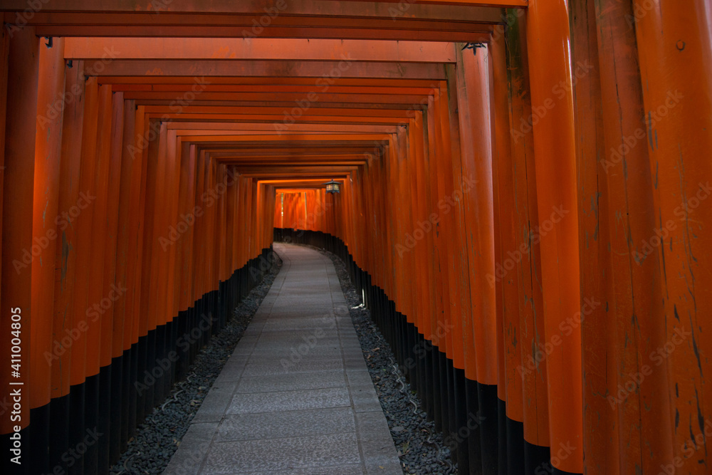 Beautiful and peaceful Fushimi Inari shrine near Kyoto, Japan. Tunnel of red torii gates. Beautiful and peaceful Fushimi Inari shrine near Kyoto, Japan. Tunnel of red torii gates.