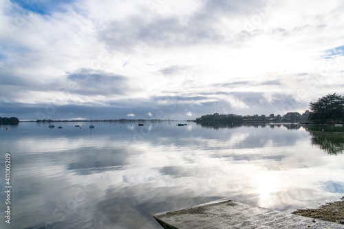 Brittany, panorama of the Morbihan gulf, view from the Ile aux Moines island at sunrise 