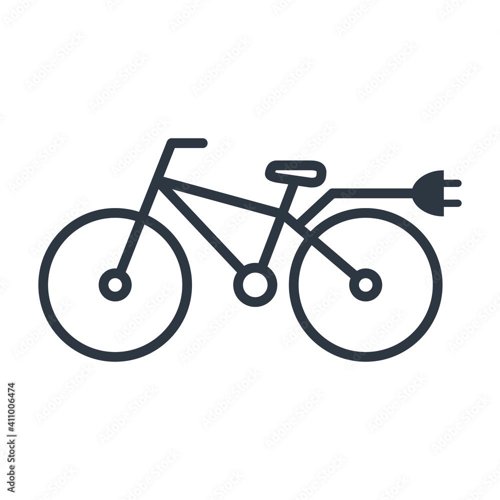 Electric bike icon. Eco bicycle with plug. Flat line vector illustration isolated on white Electric bike icon. Eco bicycle with plug. Flat line vector illustration isolated on white