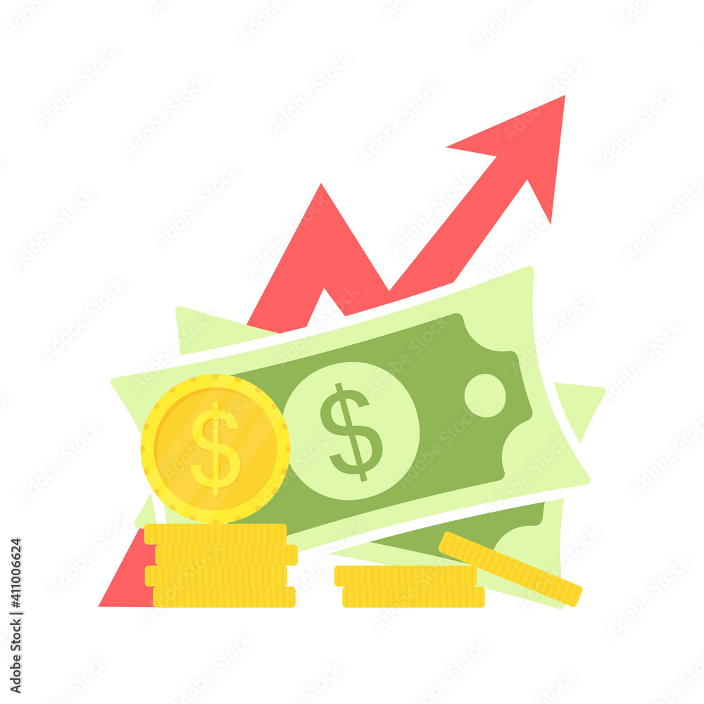 Retirement money with arrow. Dollar and coin symbol. Business success strategy concept. Vector illustration isolated on white. Retirement money with arrow. Dollar and coin symbol. Business success strategy concept. Vector illustration isolated on white.