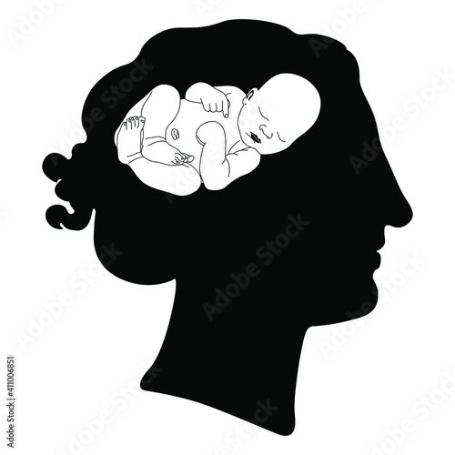 Silhouetted female head with newborn baby inside. Creative concept. Black and white vector art.