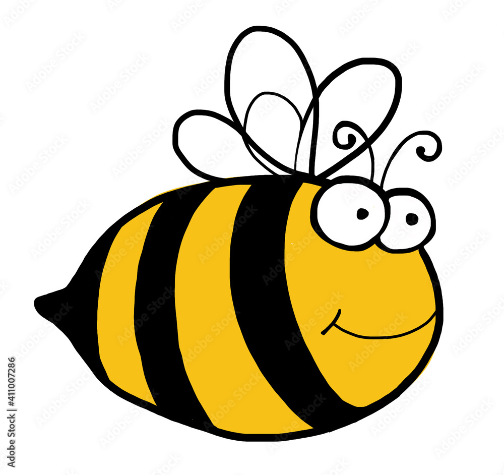 Thick, striped bee, a striped insect with wings on a white background. Cartoon  bee for kids, kindergarten or school. For the children`s room, kitchen.  Favorite honeybee. Stock Illustration | Adobe Stock