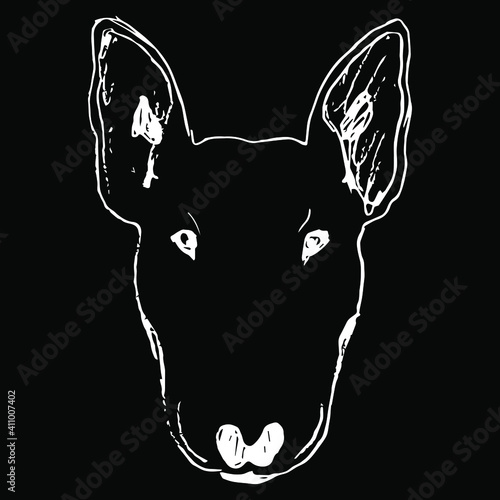 Stylized head of a Bull Terrier dog. Hand drawn linear doodle sketch. White silhouette on black background. Scratch art style.