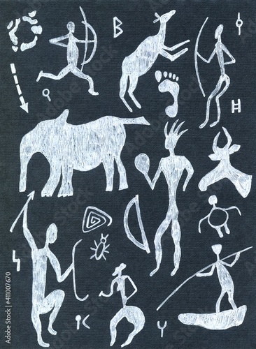 graphic primitive rock paintings of animals, people, hunters, elephants and deer.prehistoric humans,weapons.Cave drawings of symbols.Ethnic tribal totem patterns and ornaments
