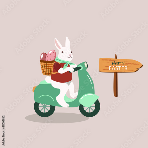 Cute cartoon  funny bunny with  basket and easter eggs on the scooter. Easter celebration. Concept festive illustration. 