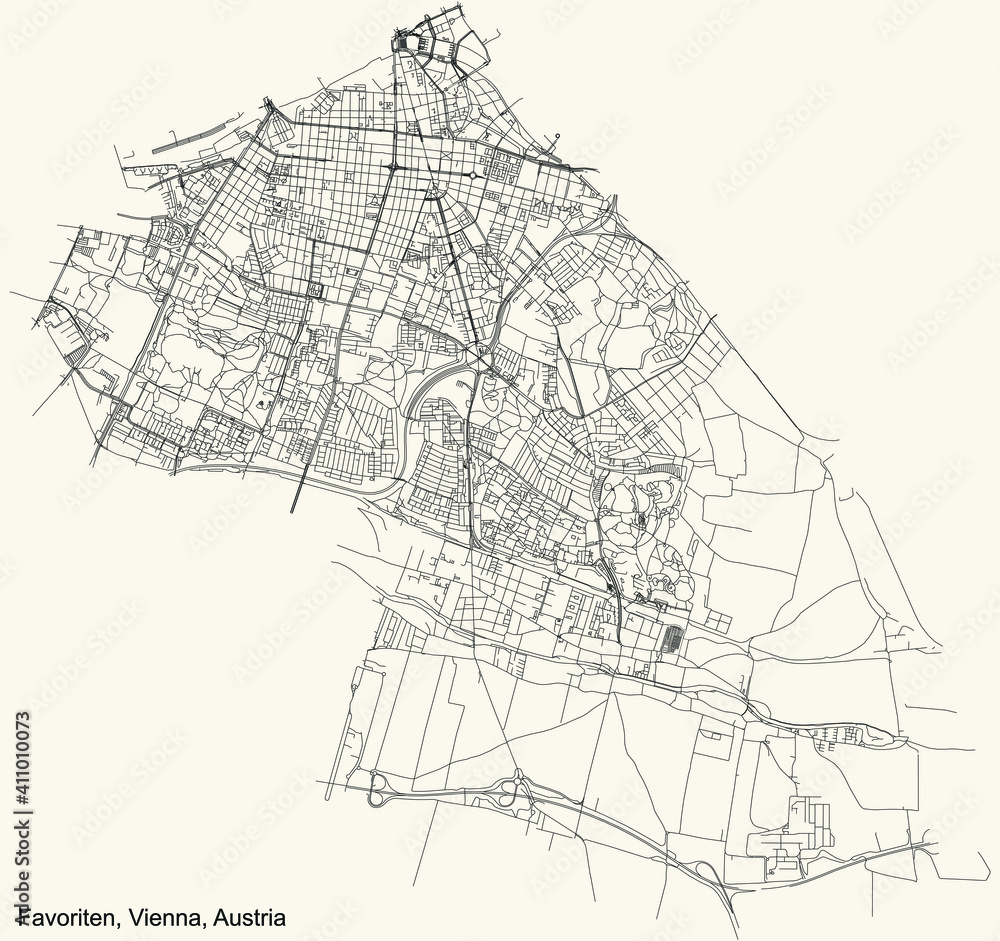 Fototapeta premium Black simple detailed street roads map on vintage beige background of the neighbourhood Favoriten district of Vienna, Austria