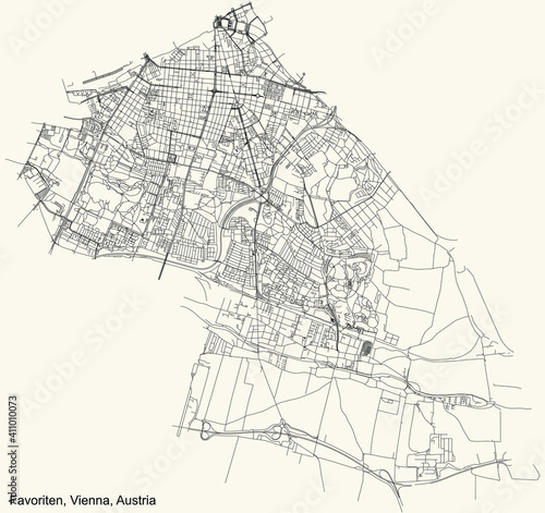 Black simple detailed street roads map on vintage beige background of the neighbourhood Favoriten district of Vienna, Austria