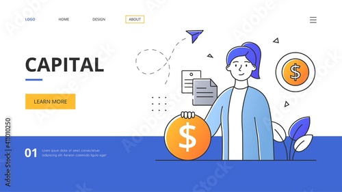 Abstract capital and wealth concept with young woman smiling and holding coin with a dollar sign. Outline flat cartoon vector illustration Website, webpage, landing page template or layout