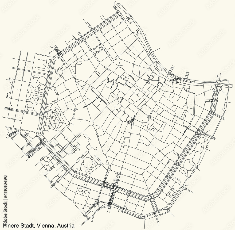 Black simple detailed street roads map on vintage beige background of the neighbourhood Innere Stadt district of Vienna, Austria