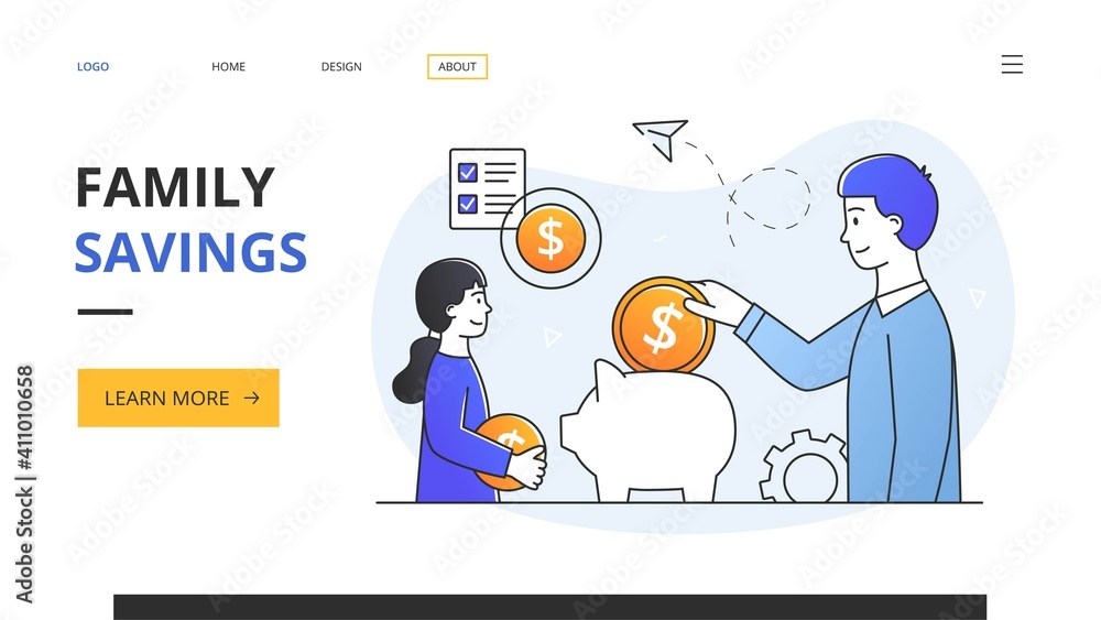 Abstract family money saving concept. A young guy and a girl put coins in a piggy bank. Outline flat cartoon vector illustration. Website, web page, landing page template Abstract family money saving concept. A young guy and a girl put coins in a piggy bank. Outline flat cartoon vector illustration. Website, web page, landing page template
