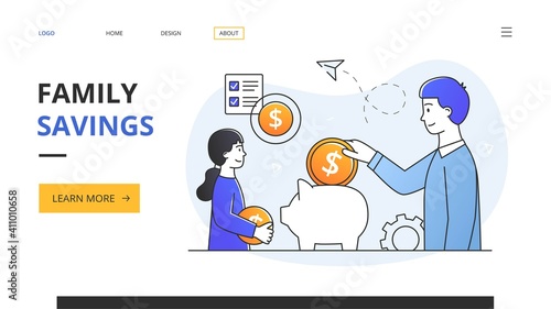 Abstract family money saving concept. A young guy and a girl put coins in a piggy bank. Outline flat cartoon vector illustration. Website, web page, landing page template