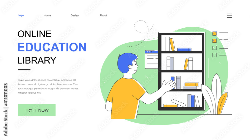 Online education and e-library abstract concept with boy choosing book on bookshelf. Flat, outline, cartoon vector illustration. Website, webpage, landing page template Online education and e-library abstract concept with boy choosing book on bookshelf. Flat, outline, cartoon vector illustration. Website, webpage, landing page template