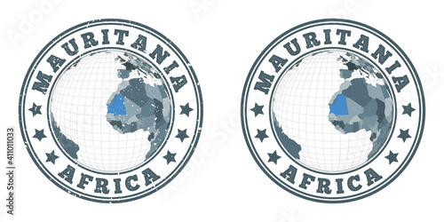 Mauritania round logos. Circular badges of the country with a map of Mauritania in a world context. Plain and textured country stamps. Vector illustration.