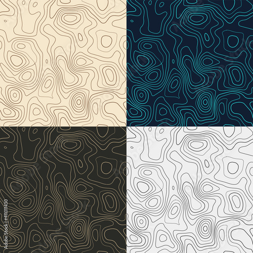 Topography patterns. Seamless elevation map tiles. Appealing isoline background. Cool tileable patterns. Vector illustration.