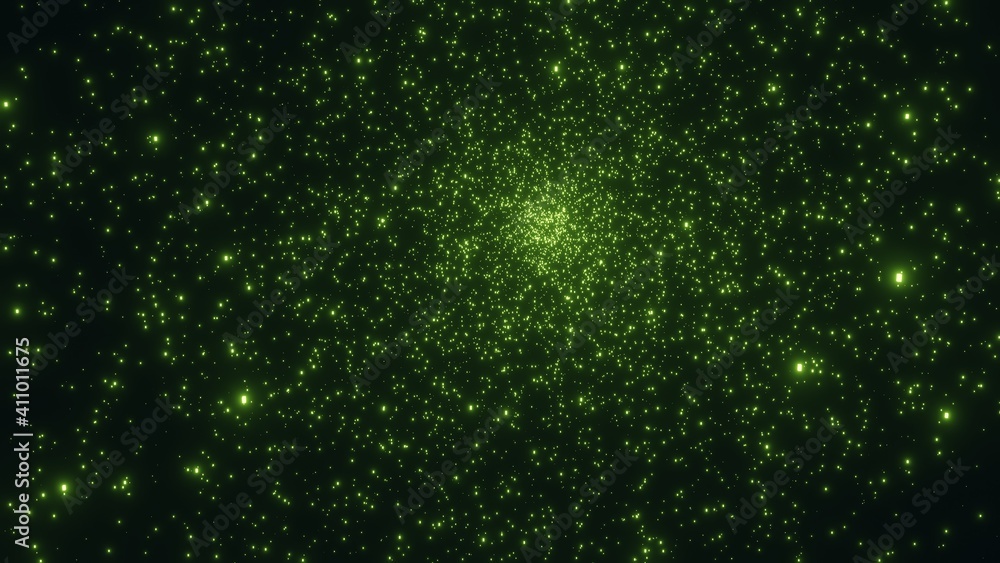 3d render of abstracted glowing green particles with black background