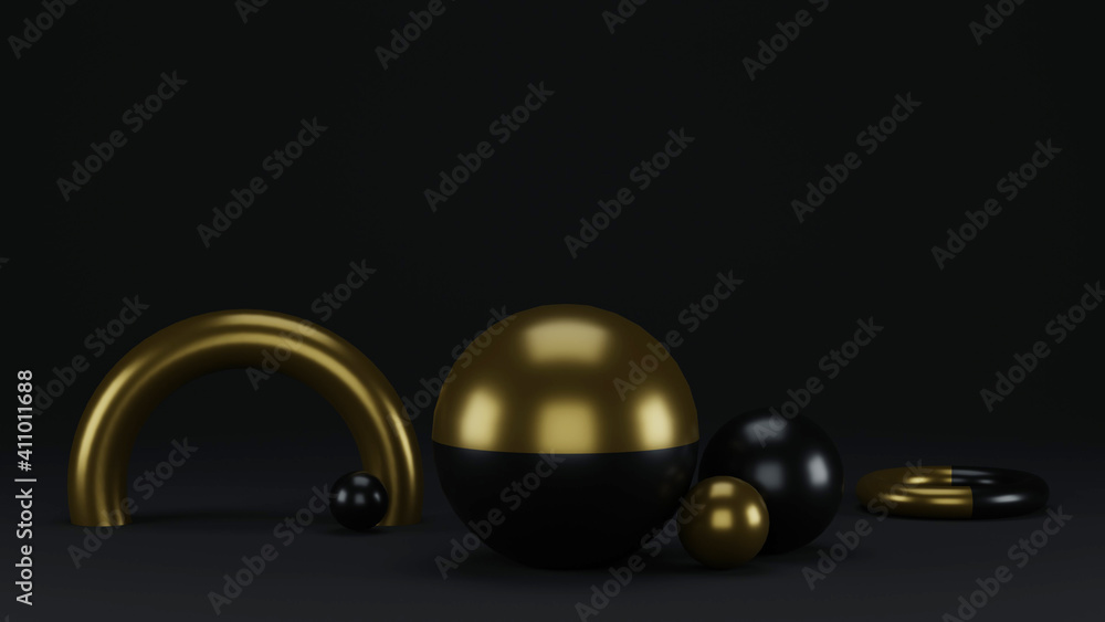 golden and black colored still life in dark mode. 3d render