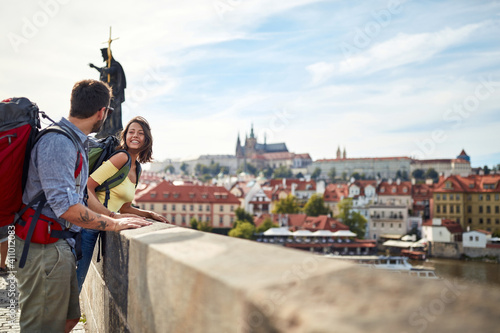 Sticker Happy tourist couple sightseeing; Traveller lifestyle
