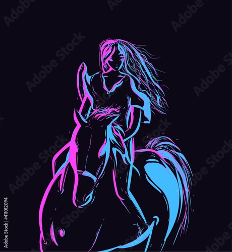 Neon conceptual art with a woman silhouette riding a horse. Championship flat illustration for Kentucky derby. 