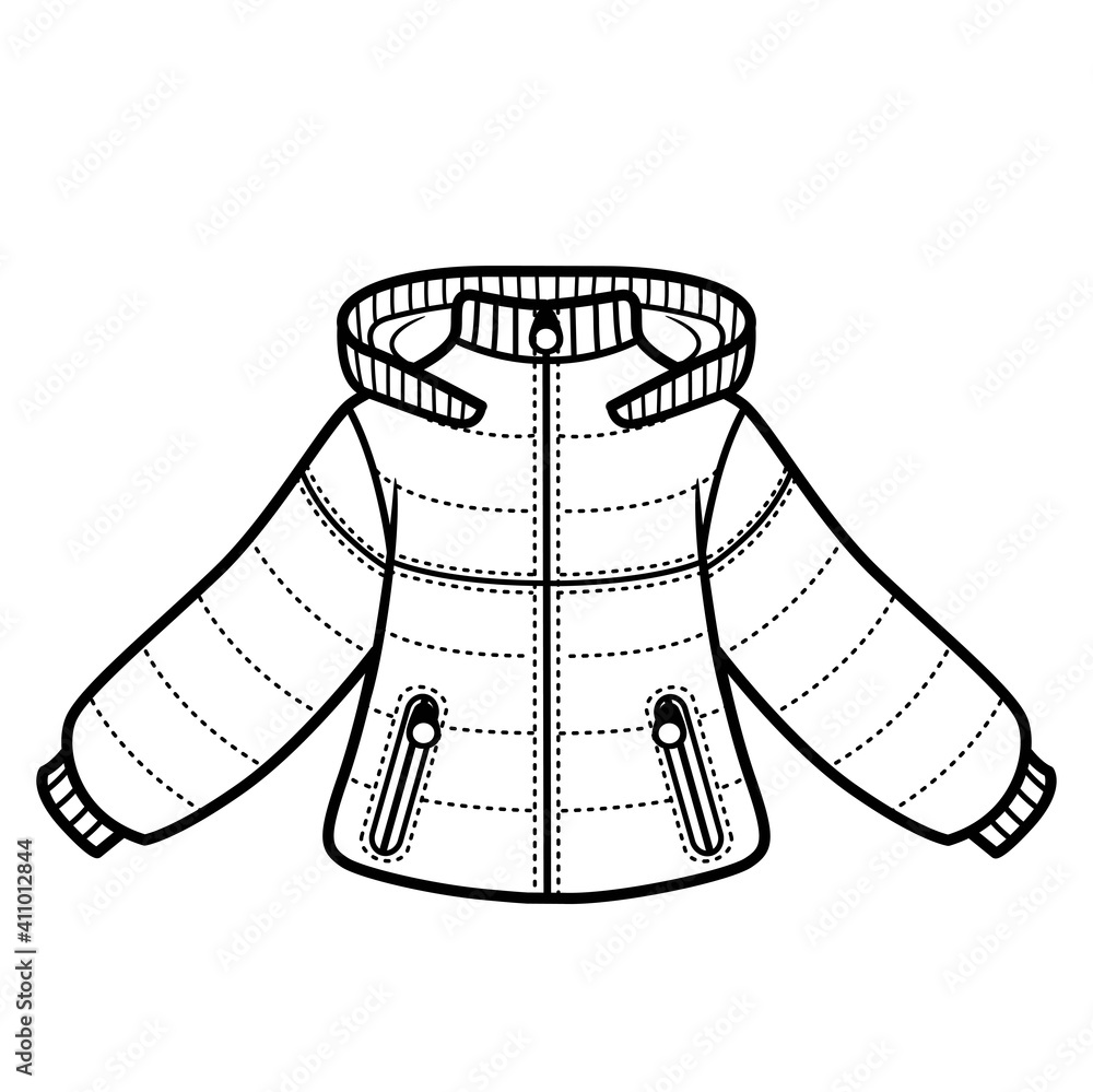 Padded winter padded jacket with hood outline for coloring on a white background Padded winter padded jacket with hood outline for coloring on a white background