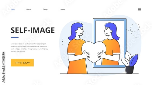 Abstract self-image concept with a girl looking at her reflection in the mirror. Outline flat vector illustration. Abstract metaphor. Website web page landing page template
