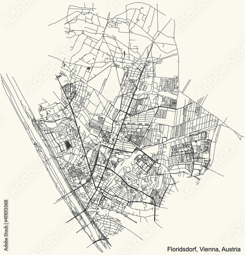 Black simple detailed street roads map on vintage beige background of the neighbourhood Floridsdorf district of Vienna, Austria