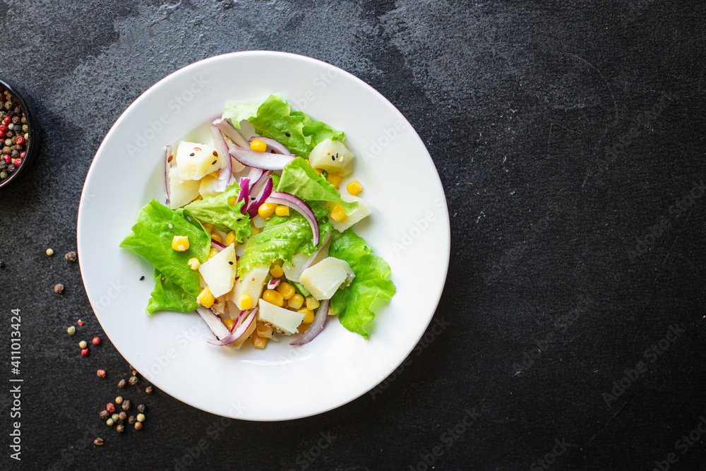 corn salad potato with vegetable lettuce on the table healthy meal snack top view copy space for text food background image rustic keto or paleo diet corn salad potato with vegetable lettuce on the table healthy meal snack top view copy space for text food background image rustic keto or paleo diet