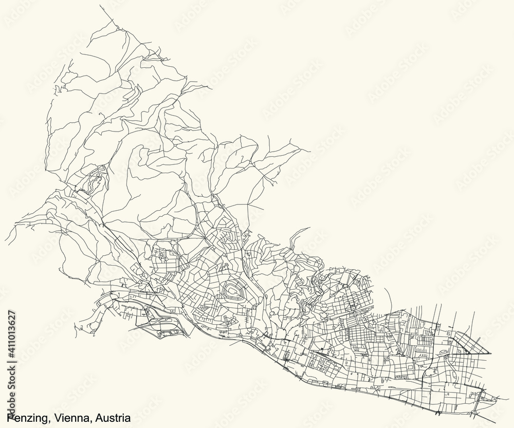Fototapeta premium Black simple detailed street roads map on vintage beige background of the neighbourhood Penzing district of Vienna, Austria