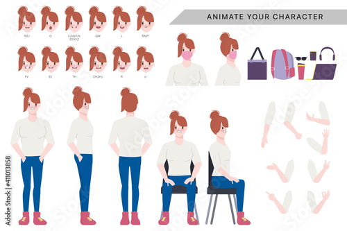 Character for woman character animated with emotions face and animation mouths.