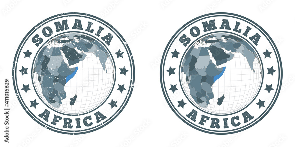 Somalia round logos. Circular badges of country with map of Somalia in world context. Plain and textured country stamps. Vector illustration.