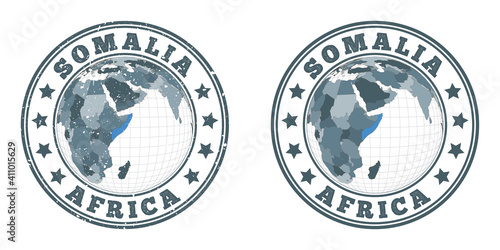 Somalia round logos. Circular badges of country with map of Somalia in world context. Plain and textured country stamps. Vector illustration.