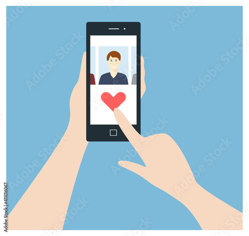 Person using online dating app on phone. Man and woman searching for love and relationship. Human hand holding smartphone and click on heart. Isolated vector illustration