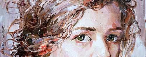 Portrait of a young, dreamy girl with curly brown hair on a white background. The painting is created in oil with expressive brush strokes.