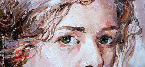 Fototapeta Naklejka Na Ścianę i Meble -  Portrait of a young, dreamy girl with curly brown hair on a white background. The painting is created in oil with expressive brush strokes.