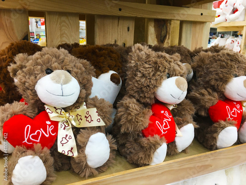 Dnipro, Dnipropetrovsk Oblast, Ukraine, 49000, 05.02.2021, Teddy bears, store shelves on Valentine's Day 