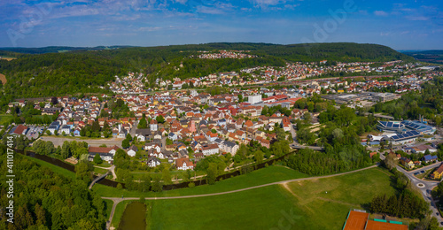 Aerial view of the city Treuchtlingen in Germany, Bavaria on a sunny spring day	 photo