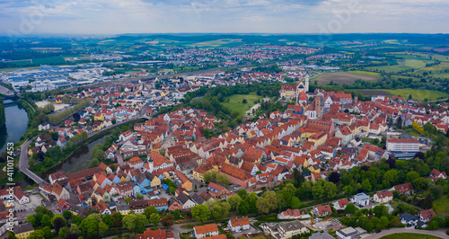 Aerial view of the old town of donauw  rth in Germany  Bavaria on a sunny spring day 