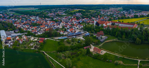 Aerial view of the city Thierhaupten in Germany, Bavaria on a sunny spring morning. 