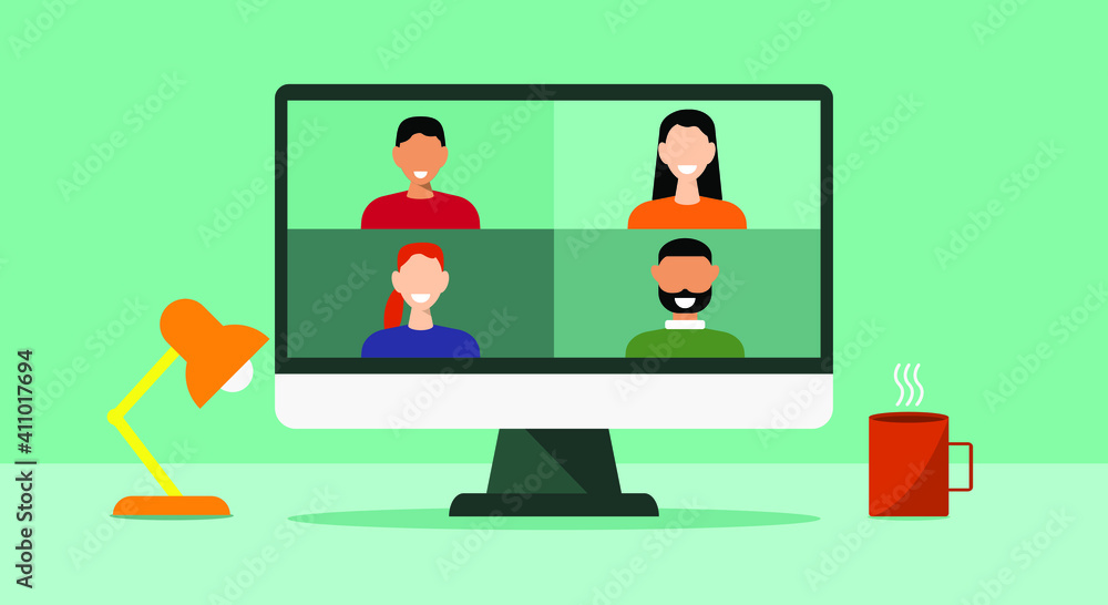 color image of people in computer communicating via quarantined video link, flat vector illustration color image of people in computer communicating via quarantined video link, flat vector illustration