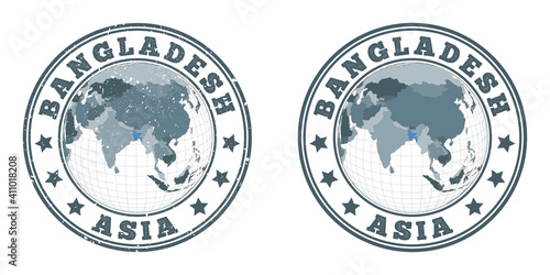 Bangladesh round logos. Circular badges of country with map of Bangladesh in world context. Plain and textured country stamps. Vector illustration.