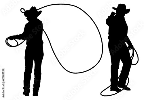 Cowboys with lasso silhouette in black on white background 