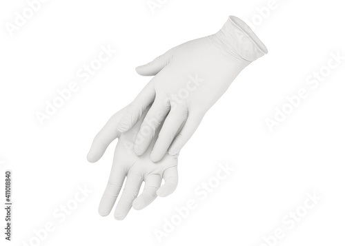 Two white surgical medical gloves isolated on white background with hands. Rubber glove manufacturing, human hand is wearing a latex glove. Doctor or nurse putting on nitrile protective gloves