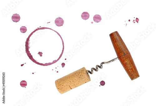 Billede på lærred Red wine cork, opener and stain rings isolated