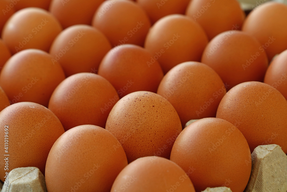 Close up brown chicken eggs in tray carton Close up brown chicken eggs in tray carton