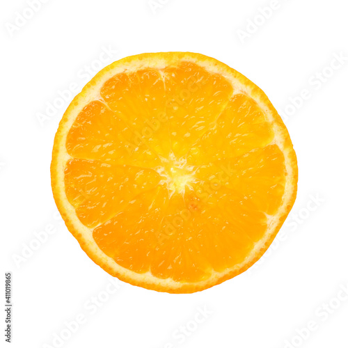 Close up round cut slice of orange over white