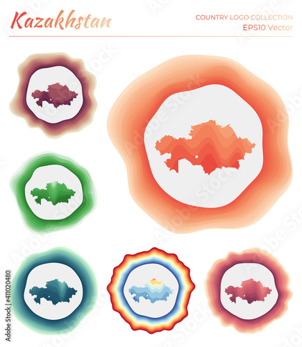 Kazakhstan logo collection. Colorful logo of the country. Unique layered dynamic frames around Kazakhstan border shape. Vector illustration.