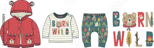 Collection of nature and camping themed clothes for babies. Cardigan, t shirt, pants set. Nordic style baby clothing design