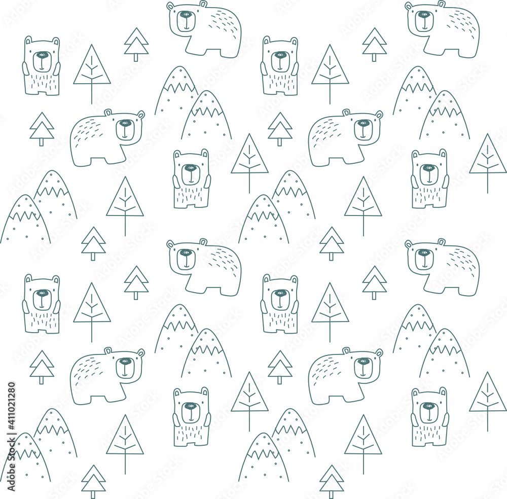 Seamless pattern with nature and camping themes for babies. Scandinavian style baby bedding set, throw pillow, baby clothes, wallpaper, background, you can use it in your gift wrapping designs.