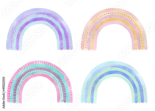 Watercolor hand painted cartoon rainbows.Illustrations for baby birthday isolated on white background